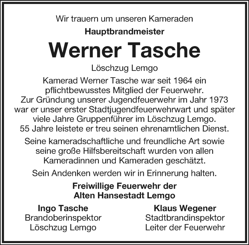  Traueranzeige für Werner Tasche vom 11.01.2020 aus Lippische Landes-Zeitung