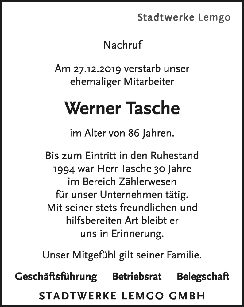  Traueranzeige für Werner Tasche vom 18.01.2020 aus Lippische Landes-Zeitung