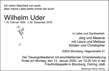 Anzeige  Wilhelm Uder  Lippische Landes-Zeitung
