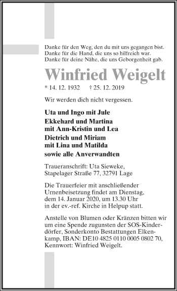 Anzeige  Winfried Weigelt  Lippische Landes-Zeitung