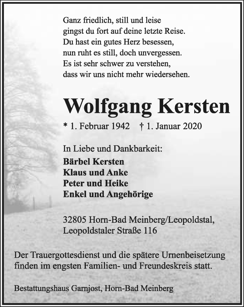  Traueranzeige für Wolfgang Kersten vom 04.01.2020 aus Lippische Landes-Zeitung