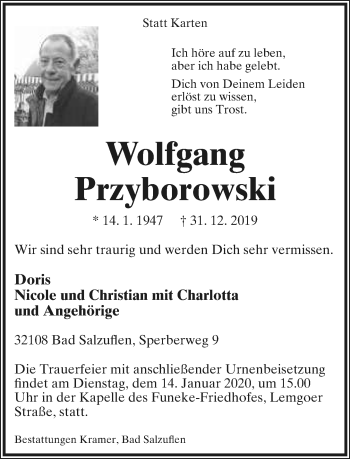 Anzeige  Wolfgang Przyborowski  Lippische Landes-Zeitung