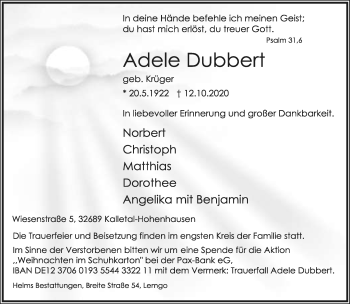 Anzeige  Adele Dubbert  Lippische Landes-Zeitung