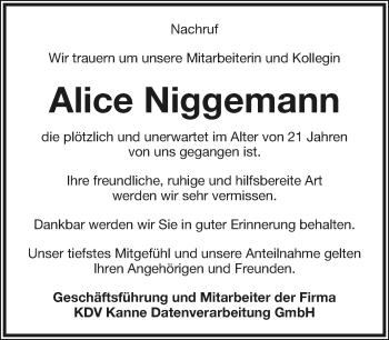 Anzeige  Alice Niggemann  Lippische Landes-Zeitung