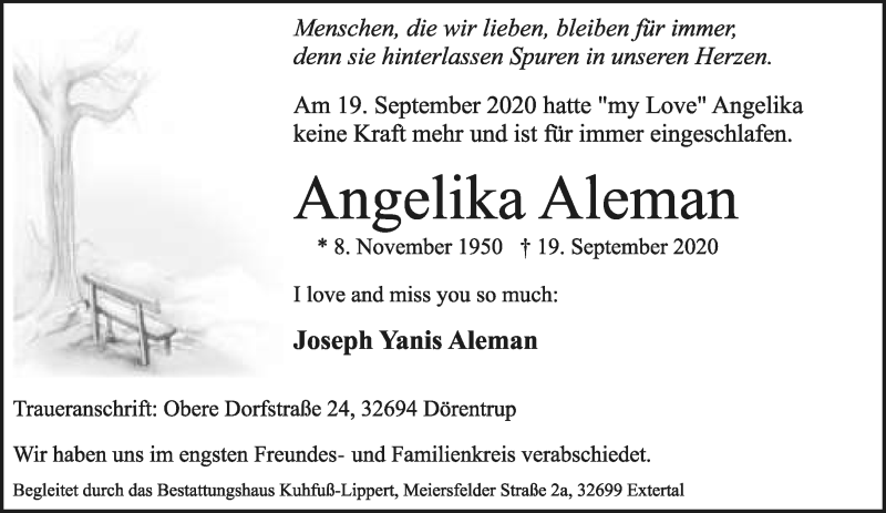  Traueranzeige für Angelika Aleman vom 10.10.2020 aus Lippische Landes-Zeitung