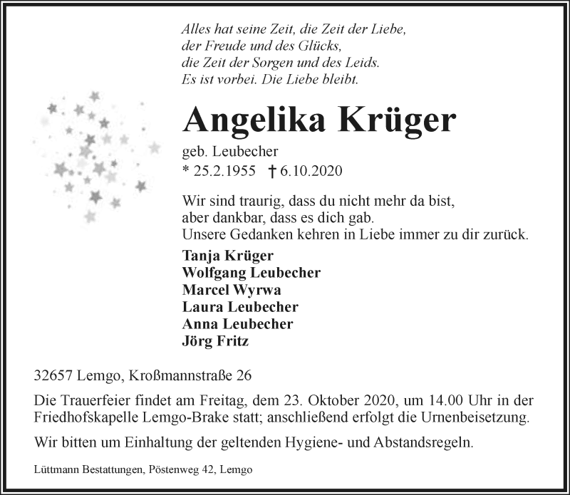  Traueranzeige für Angelika Krüger vom 20.10.2020 aus Lippische Landes-Zeitung