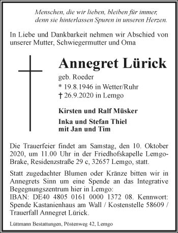 Anzeige  Annegret Lürick  Lippische Landes-Zeitung