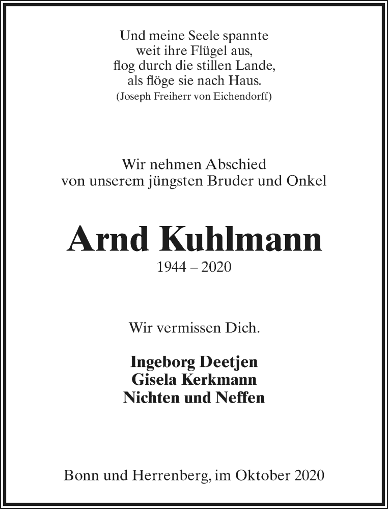  Traueranzeige für Arnd Kuhlmann vom 17.10.2020 aus Lippische Landes-Zeitung