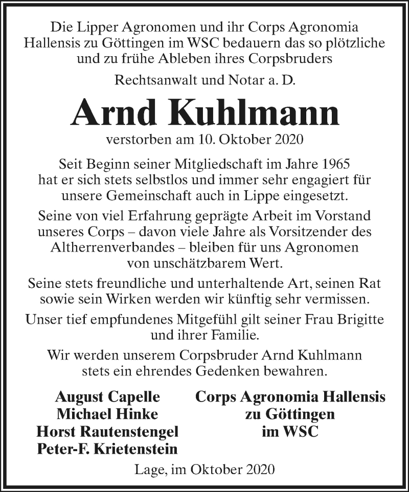  Traueranzeige für Arnd Kuhlmann vom 17.10.2020 aus Lippische Landes-Zeitung