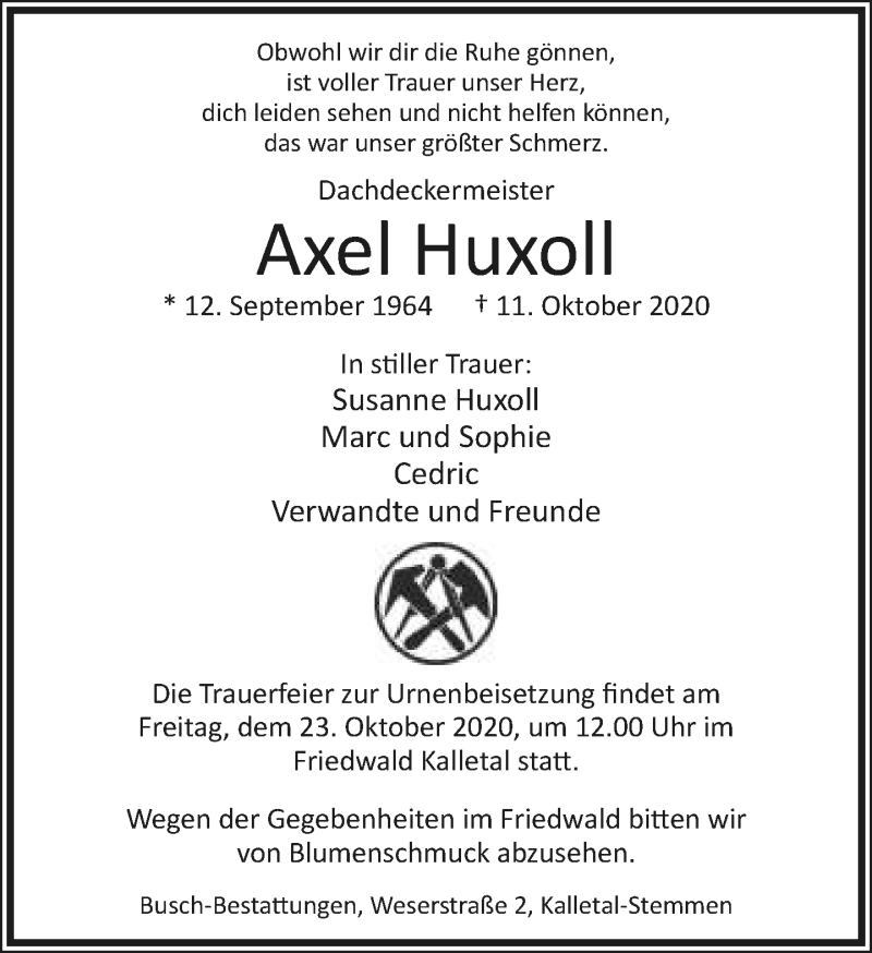 Traueranzeige für Axel Huxoll vom 17.10.2020 aus Lippische Landes-Zeitung