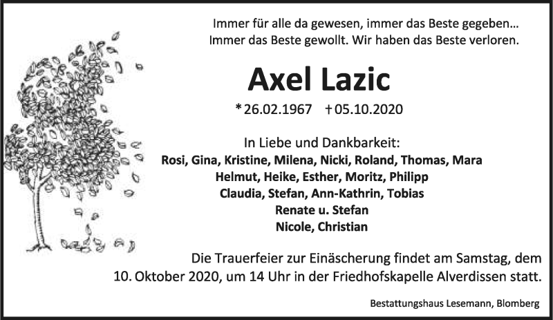  Traueranzeige für Axel Lazic vom 07.10.2020 aus Lippische Landes-Zeitung