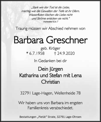 Anzeige  Barbara Greschner  Lippische Landes-Zeitung