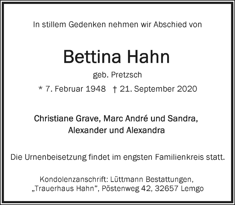  Traueranzeige für Bettina Hahn vom 03.10.2020 aus Lippische Landes-Zeitung