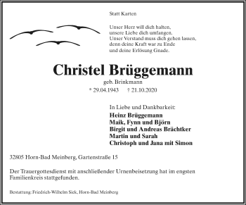 Anzeige  Christel Brüggemann  Lippische Landes-Zeitung