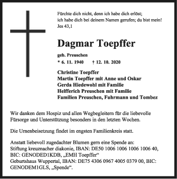 Anzeige  Dagmar Toepffer  Lippische Landes-Zeitung