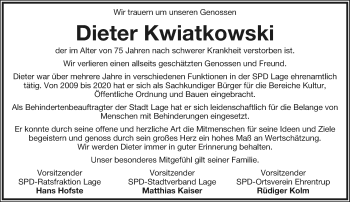 Anzeige  Dieter Kwiatkowski  Lippische Landes-Zeitung