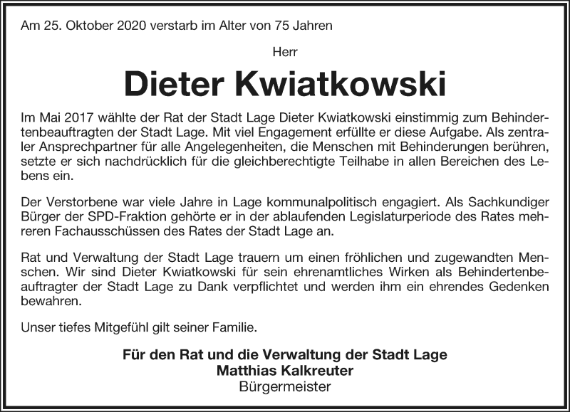  Traueranzeige für Dieter Kwiatkowski vom 31.10.2020 aus Lippische Landes-Zeitung