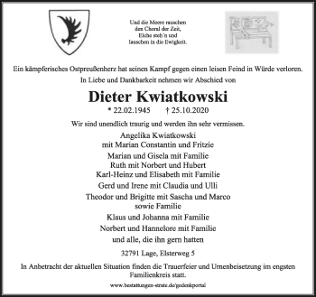 Anzeige  Dieter Kwiatkowski  Lippische Landes-Zeitung