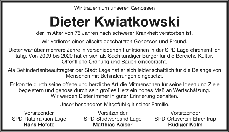  Traueranzeige für Dieter Kwiatkowski vom 31.10.2020 aus Lippische Landes-Zeitung