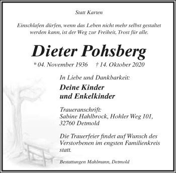 Anzeige  Dieter Pohsberg  Lippische Landes-Zeitung