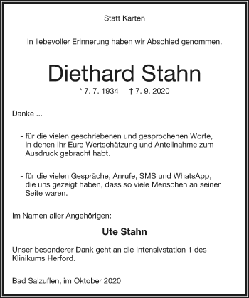 Anzeige  Diethard Stahn  Lippische Landes-Zeitung