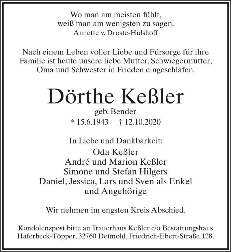  Traueranzeige für Dörthe Keßler vom 17.10.2020 aus Lippische Landes-Zeitung