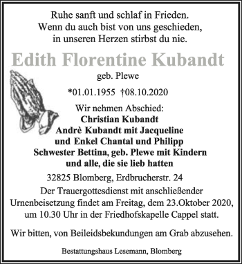 Anzeige  Edith Florentine Kubandt  Lippische Landes-Zeitung