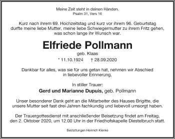 Anzeige  Elfriede Pollmann  Lippische Landes-Zeitung