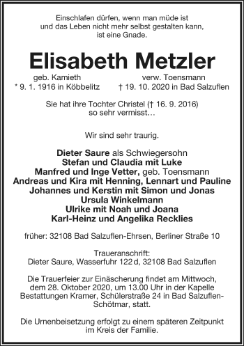 Anzeige  Elisabeth Metzler  Lippische Landes-Zeitung