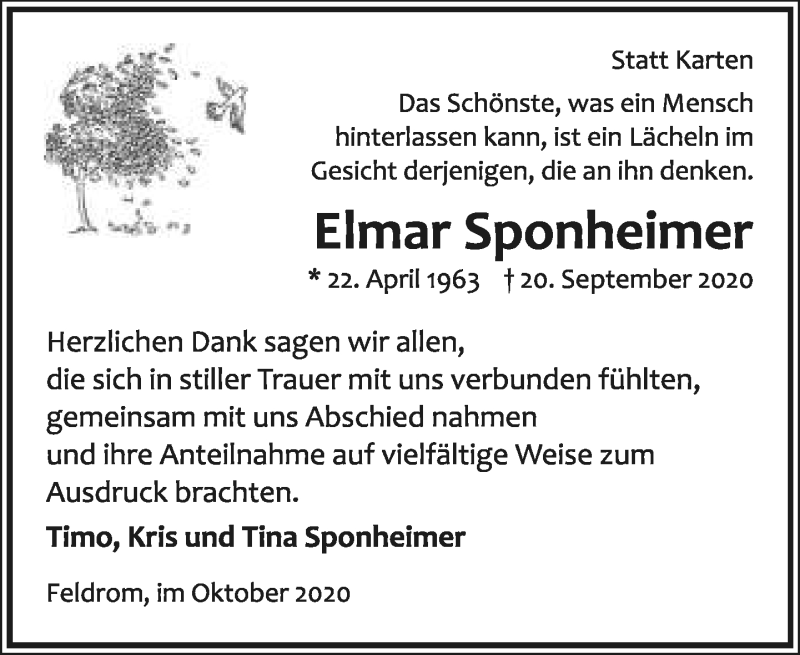  Traueranzeige für Elmar Sponheimer vom 31.10.2020 aus Lippische Landes-Zeitung