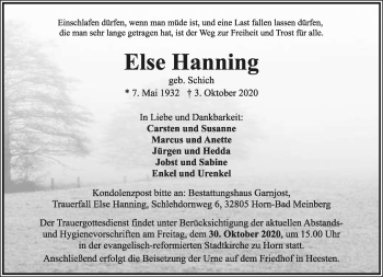 Anzeige  Else Hanning  Lippische Landes-Zeitung