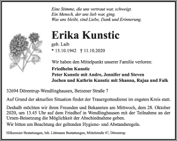Anzeige  Erika Kunstic  Lippische Landes-Zeitung