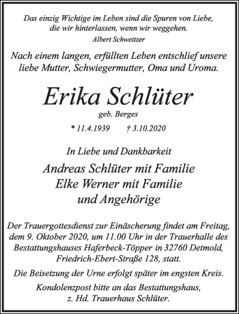 Anzeige  Erika Schlüter  Lippische Landes-Zeitung