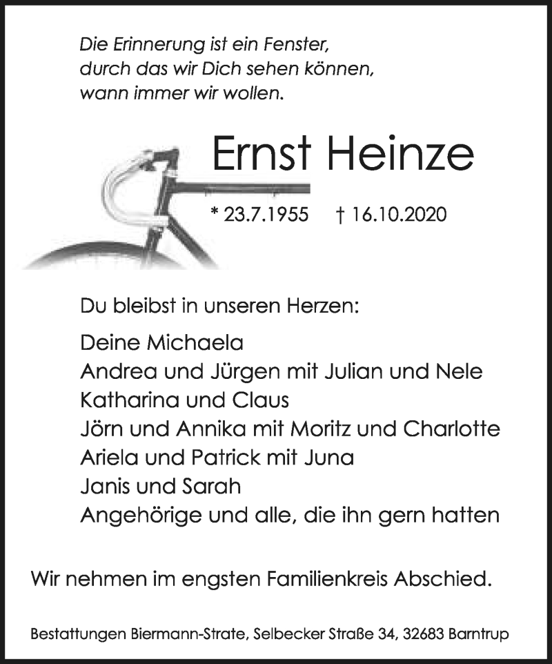  Traueranzeige für Ernst Heinze vom 24.10.2020 aus Lippische Landes-Zeitung
