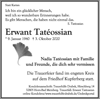 Anzeige  Erwant Tatéossian  Lippische Landes-Zeitung