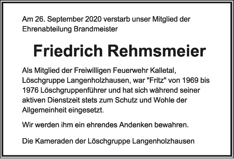  Traueranzeige für Friedrich Rehmsmeier vom 03.10.2020 aus Lippische Landes-Zeitung