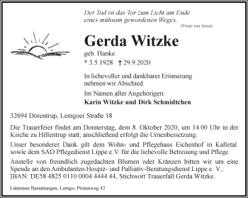 Anzeige  Gerda Witzke  Lippische Landes-Zeitung