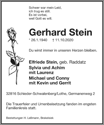 Anzeige  Gerhard Stein  Lippische Landes-Zeitung