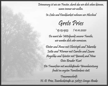 Anzeige  Grete Pries  Lippische Landes-Zeitung