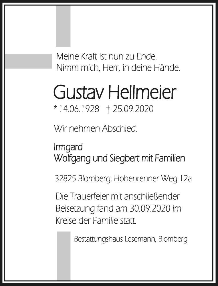  Traueranzeige für Gustav Hellmeier vom 03.10.2020 aus Lippische Landes-Zeitung