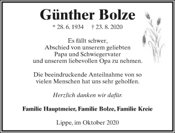 Anzeige  Günther Bolze  Lippische Landes-Zeitung