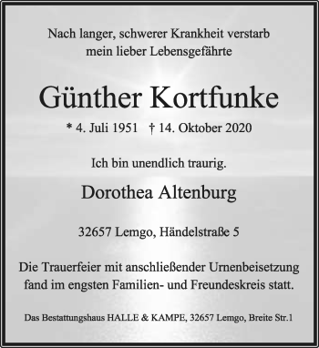 Anzeige  Günther Kortfunke  Lippische Landes-Zeitung