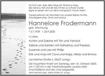 Anzeige  Hannelore Frodermann  Lippische Landes-Zeitung
