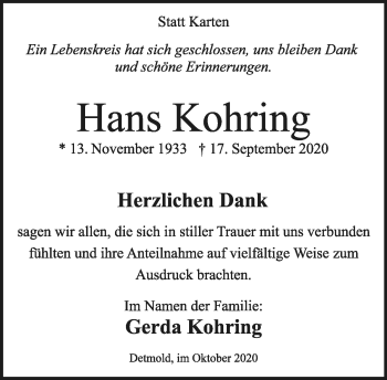 Anzeige  Hans Kohring  Lippische Landes-Zeitung