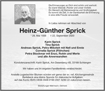 Anzeige  Heinz-Günther Sprick  Lippische Landes-Zeitung