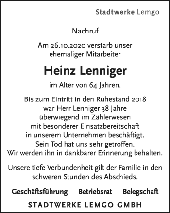 Anzeige  Heinz Lenniger  Lippische Landes-Zeitung