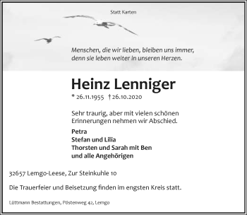 Anzeige  Heinz Lenniger  Lippische Landes-Zeitung