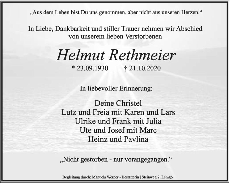  Traueranzeige für Helmut Rethmeier vom 24.10.2020 aus Lippische Landes-Zeitung