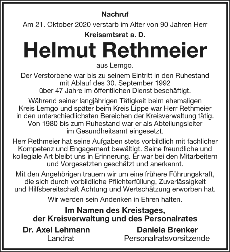  Traueranzeige für Helmut Rethmeier vom 24.10.2020 aus Lippische Landes-Zeitung
