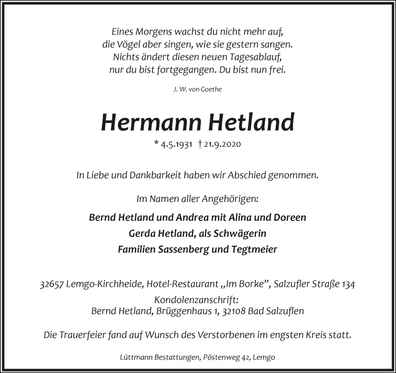  Traueranzeige für Hermann Hetland vom 05.10.2020 aus Lippische Landes-Zeitung